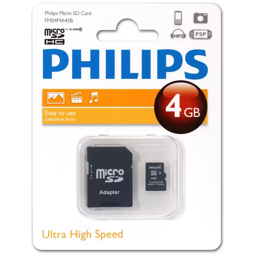 Карта памяти 4GB MicroSD Philips + SD адаптер (FM04MA45B/97)
