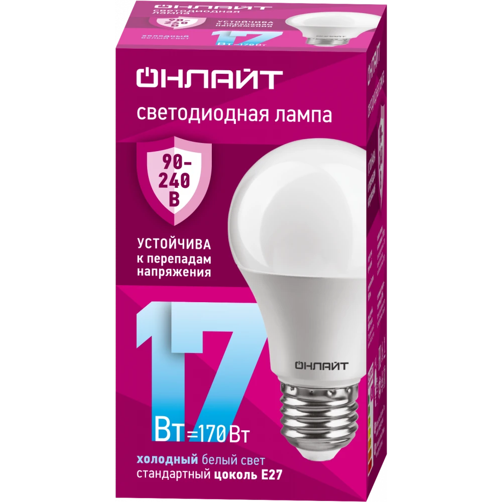 Светодиодная лампочка ОНЛАЙТ OLL-A60-17-230-6.5K-E27 (17 Вт, E27) - 90404 - фото 2