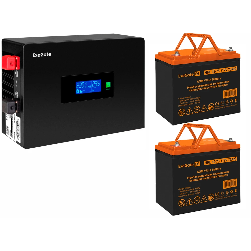 ИБП ExeGate IdealSine SR-1500.LCD.2SH + 2x HRL 12-75 (75Ач) - EX297438RUS