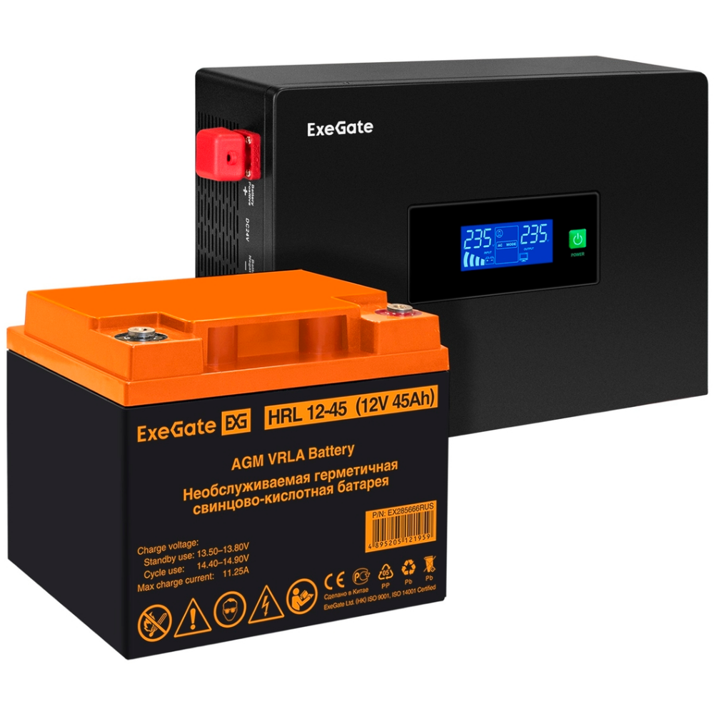 ИБП + батарея ExeGate IdealSine SR-1000.LCD.2SH + HRL 12-45 (45Ач)