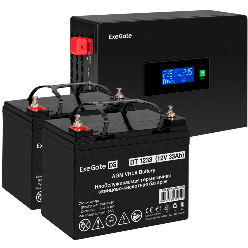 ИБП + батарея ExeGate IdealSine SR-1500.LCD.2SH + 2x DT 1233 (33Ач) (2 шт)
