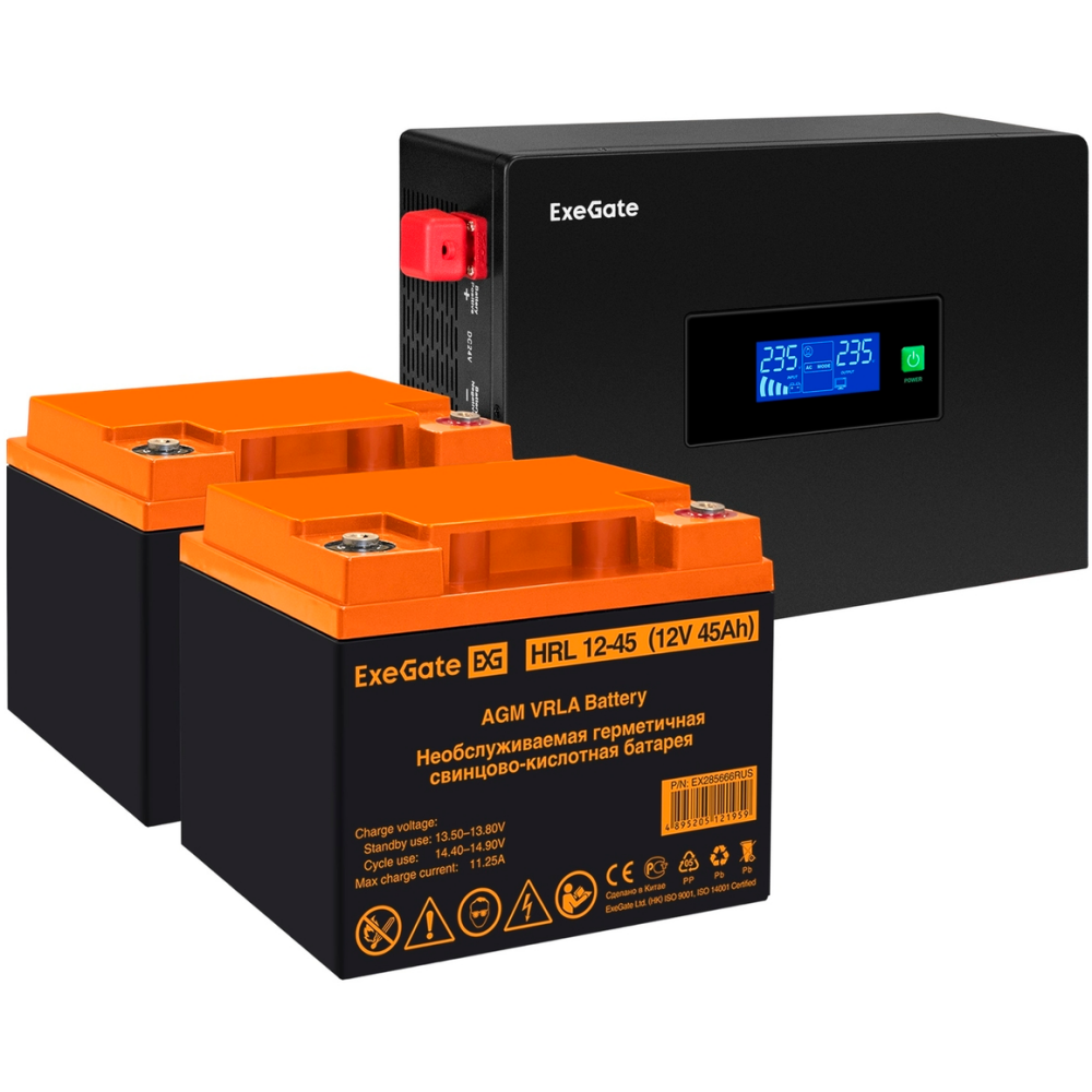 ИБП + батарея ExeGate IdealSine SR-1500.LCD.2SH + 2x HRL 12-45 (45Ач)