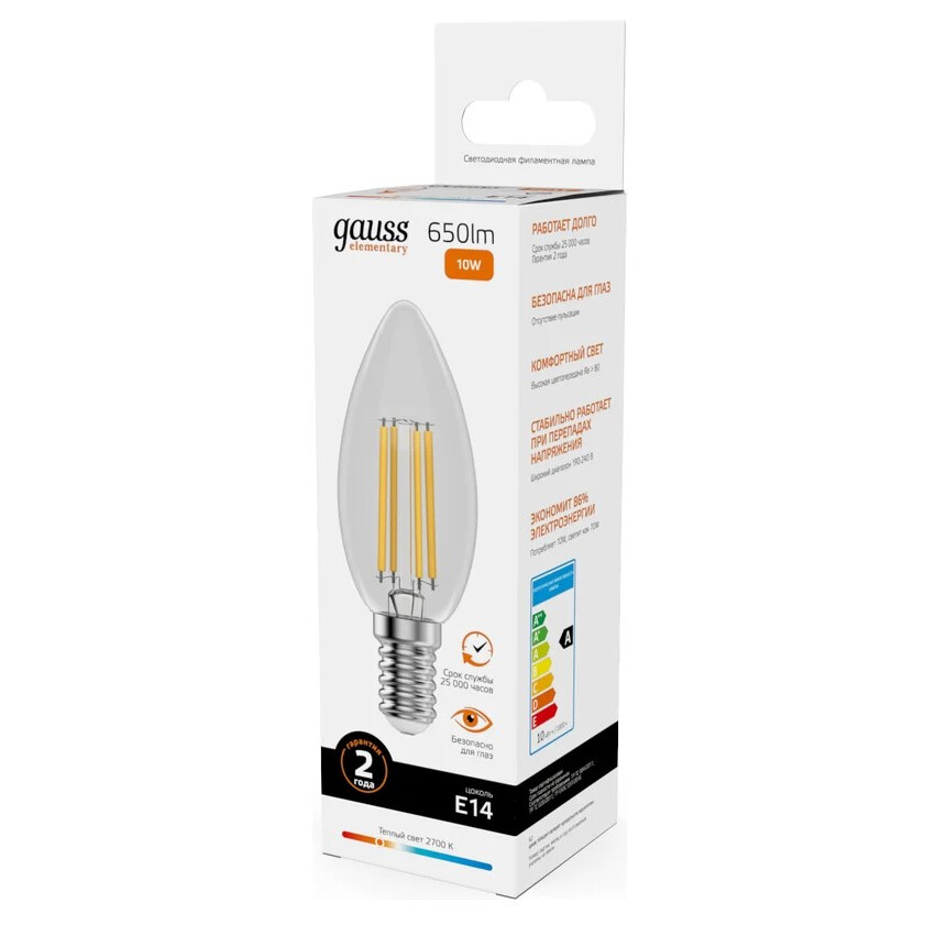 Филаментная лампочка Gauss Filament Elementary 2700K (10 Вт, E14) 10 шт. - 32110 - фото 2