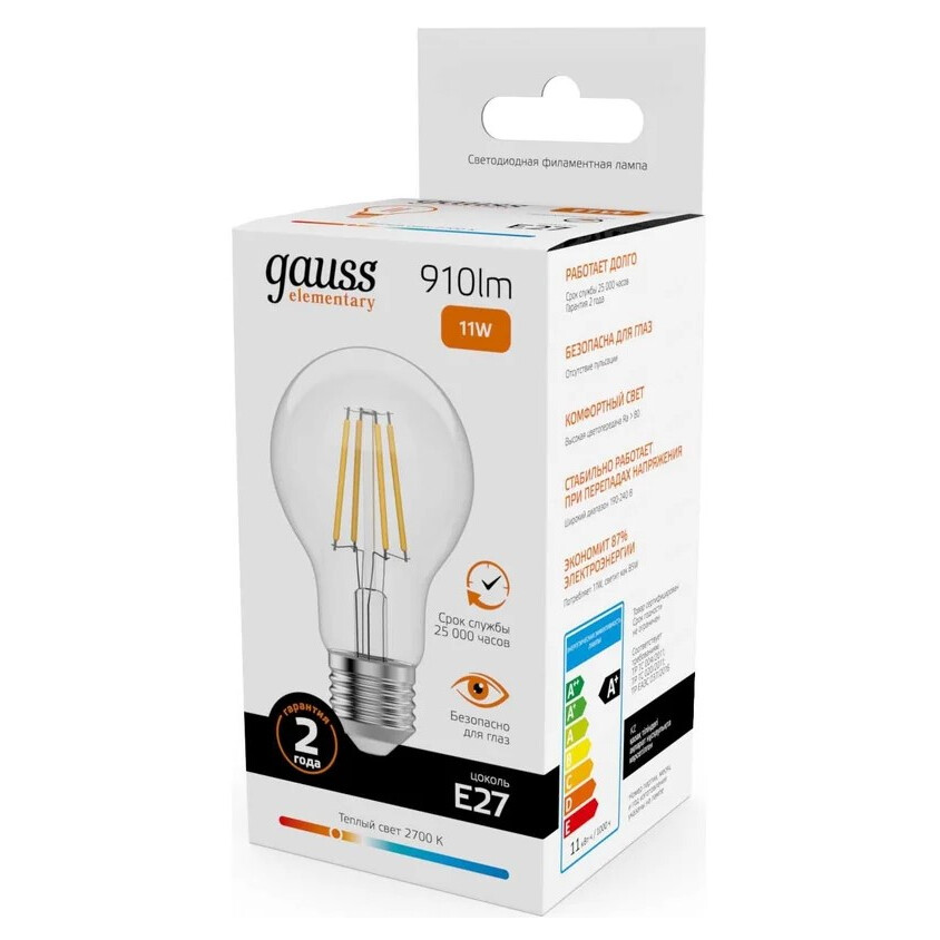 Филаментная лампочка Gauss Filament Elementary 2700K (11 Вт, E27) 10 шт. - 22211 - фото 2
