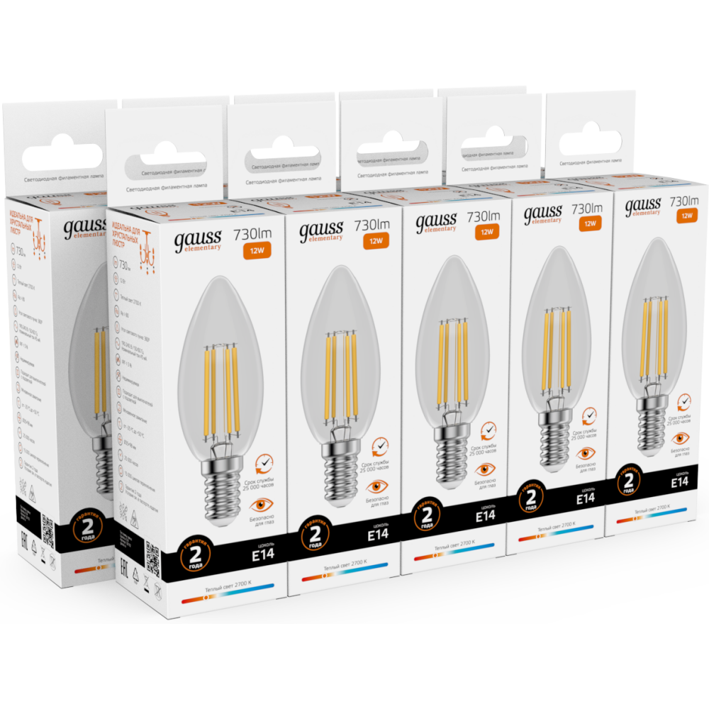 Филаментная лампочка Gauss Filament Elementary 2700K (12 Вт, E14) 10 шт. - 32112 - фото 3