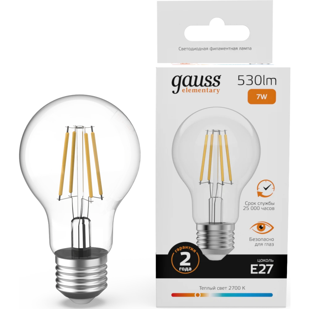 Филаментная лампочка Gauss Filament Elementary 2700K (7 Вт, E27) 10 шт. - 22217 - фото 2