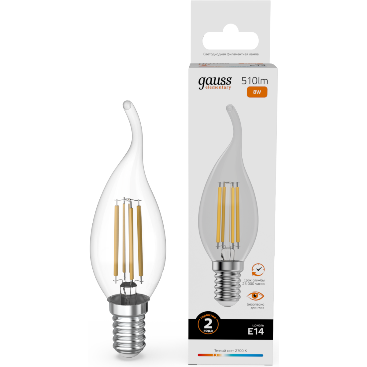 Филаментная лампочка Gauss Filament Elementary 2700K (8 Вт, E14) 10 шт. (42118) - фото 2