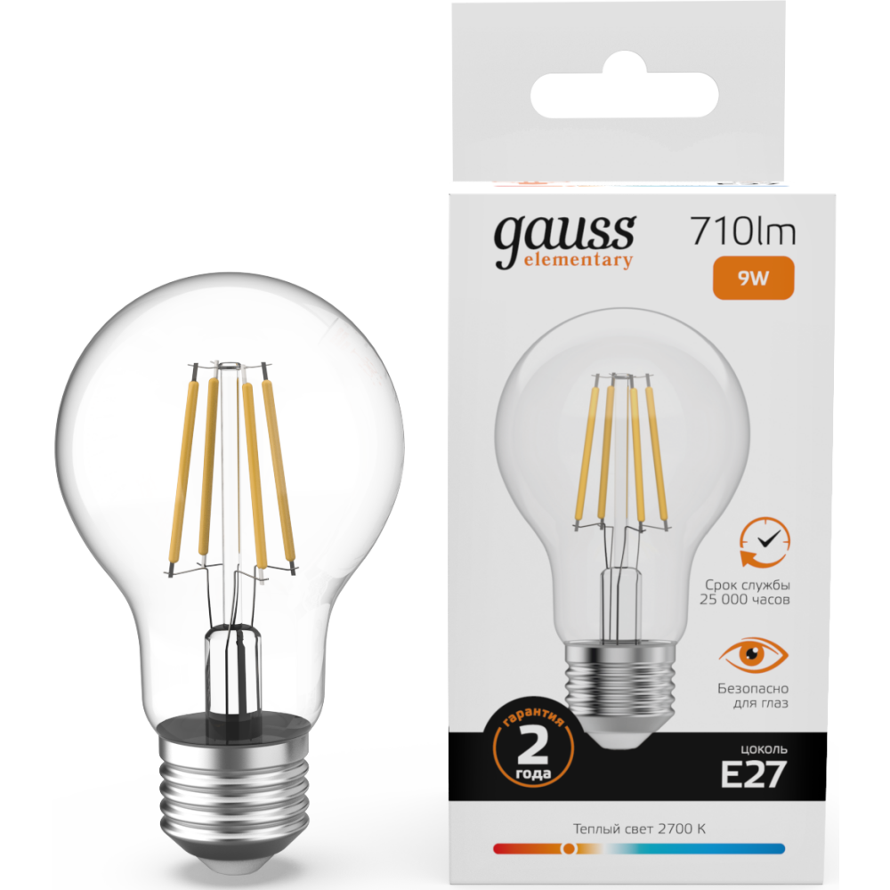 Филаментная лампочка Gauss Filament Elementary 2700K (9 Вт, E27) 10 шт. - 22219 - фото 2