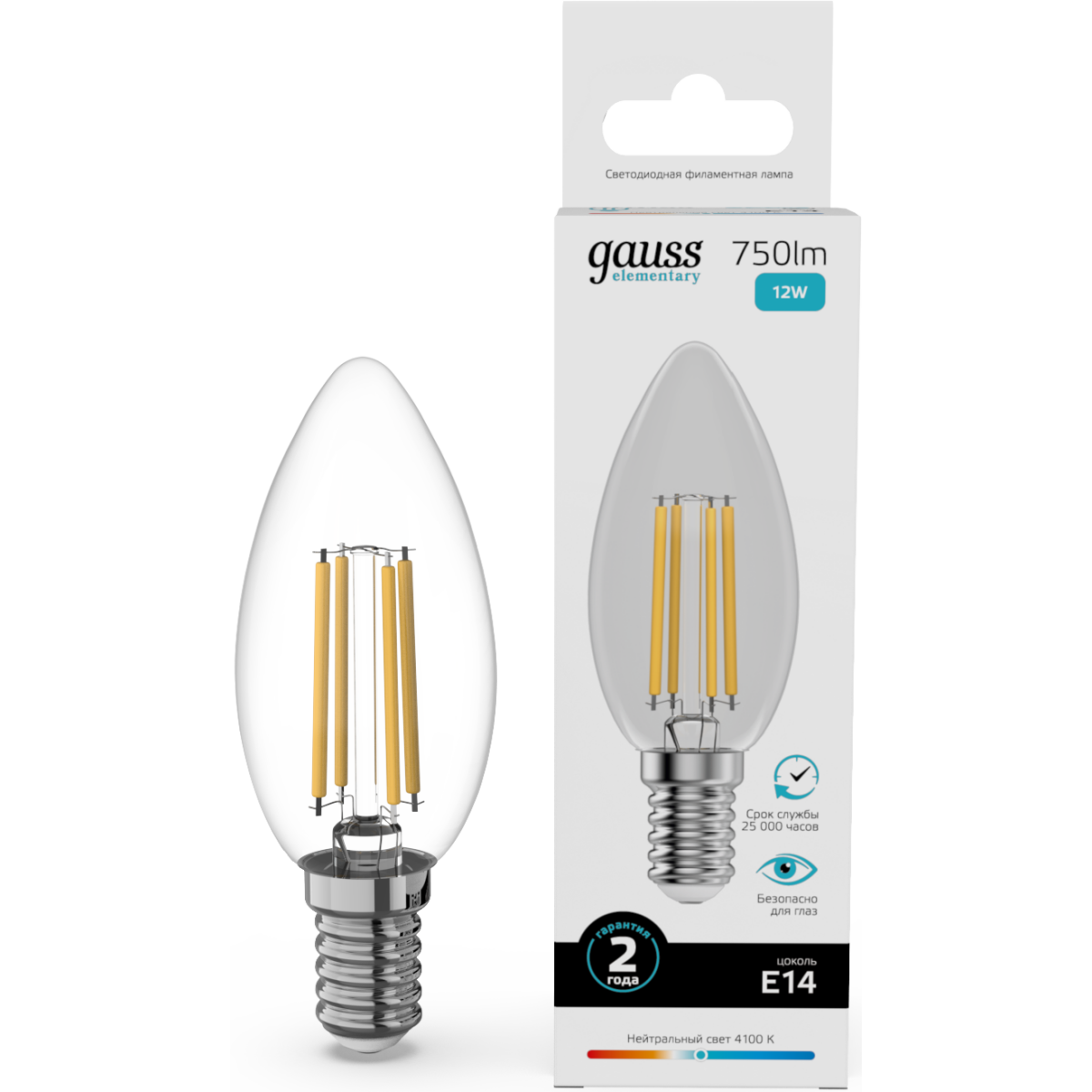 Филаментная лампочка Gauss Filament Elementary 4100K (12 Вт, E14) 10 шт. - 32122 - фото 2