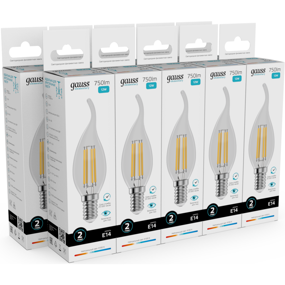Филаментная лампочка Gauss Filament Elementary 4100K (12 Вт, E14) 10 шт. (42122) - фото 3