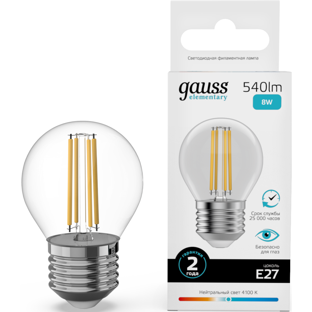 Светодиодная лампочка Gauss Filament Elementary 4100K (8 Вт, E27) 10 шт. - 52228 - фото 2