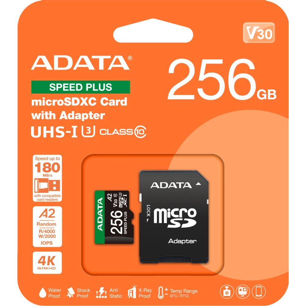 Карта памяти 256Gb MicroSD ADATA SPEED PLUS + SD адаптер (UD256GUI3V30A2SP-RA1) - фото 2