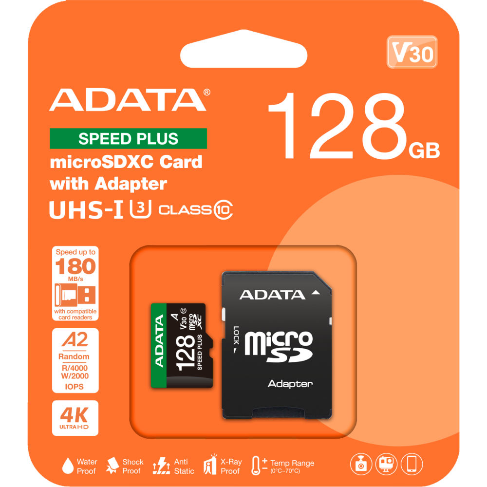 Карта памяти 128Gb MicroSD ADATA SPEED PLUS + SD адаптер (UD128GUI3V30A2SP-RA1) - фото 2