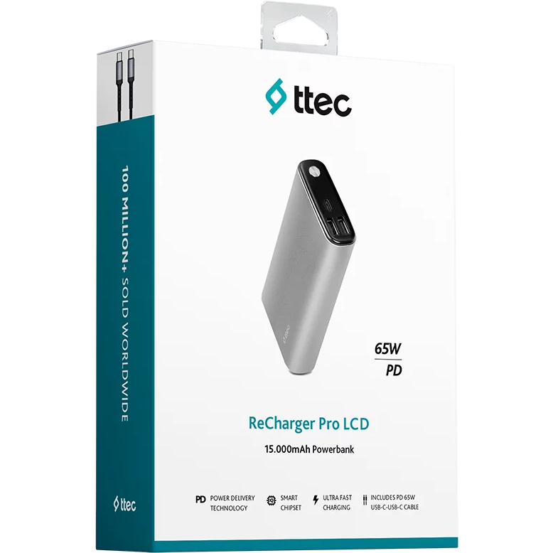 Внешний аккумулятор ttec ReCharger Pro LCD 15000mAh 65W Space Gray - 2BB216UG - фото 6