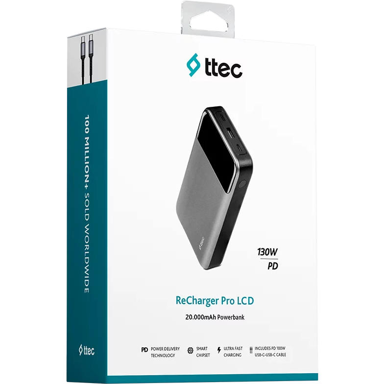 Внешний аккумулятор ttec ReCharger Pro LCD 20000mAh PD 130W Space Gray - 2BB218UG - фото 6