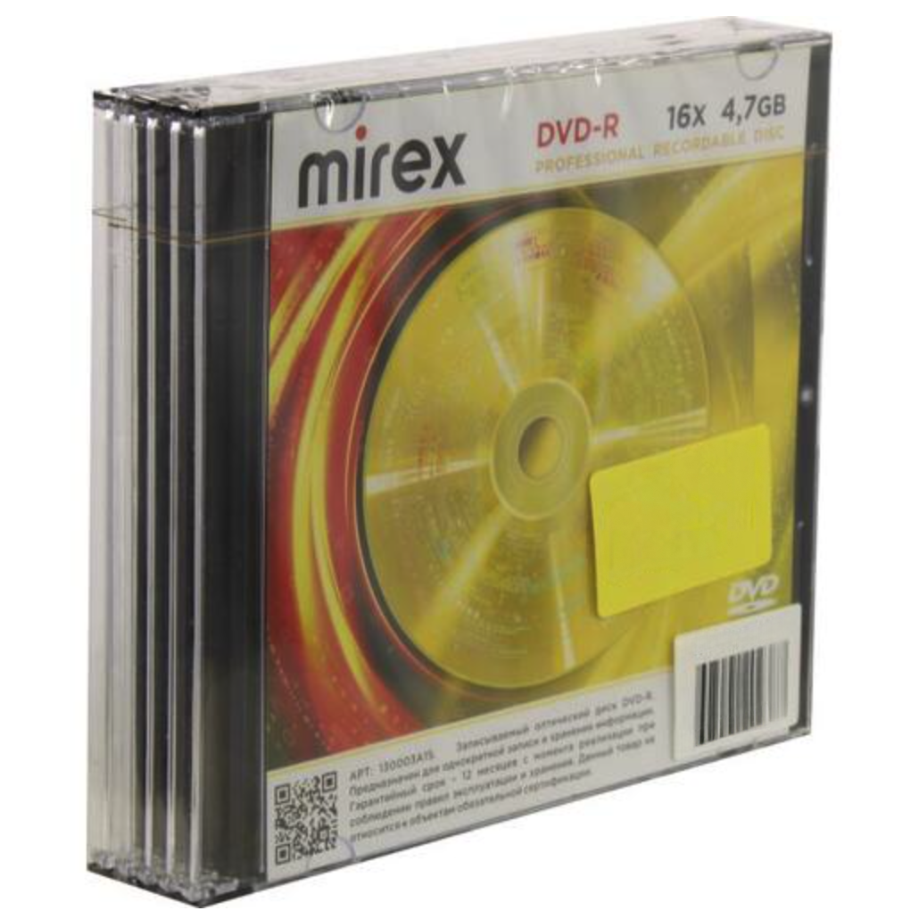 Диск DVD-R Mirex 4.7GB 16x Slim Case (5 шт.) (202387)