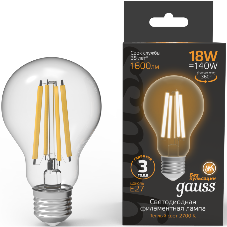 Филаментная лампочка Gauss Filament Elementary 2700K (18 Вт, E27) 10 шт. - 102902118 - фото 2