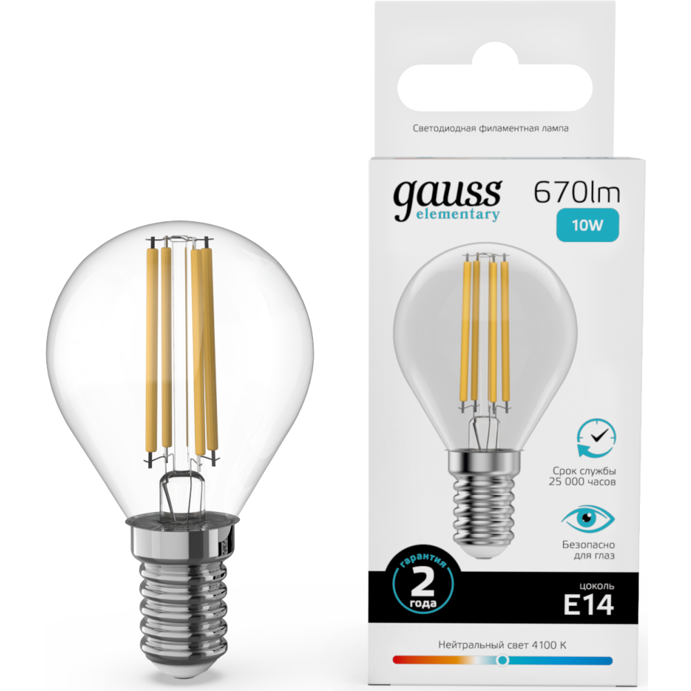 Филаментная лампочка Gauss Filament Elementary 4100K (10 Вт, E14) 10 шт. (52120) - фото 2