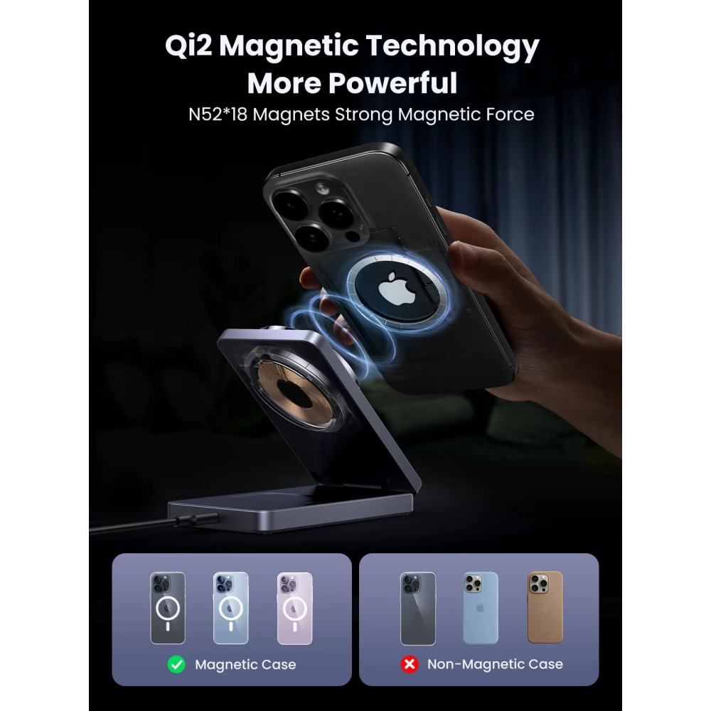 Беспроводное зарядное устройство UGREEN MagFlow Qi2 2-in-1 MagSafe Charger - 45023 - фото 5