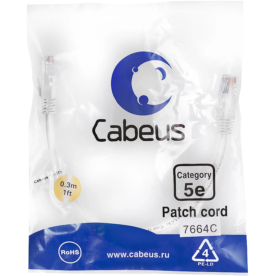 Патч-корд Cabeus PC-UTP-RJ45-Cat.5e-0.3m-WH-LSZH, 0.3м - фото 2