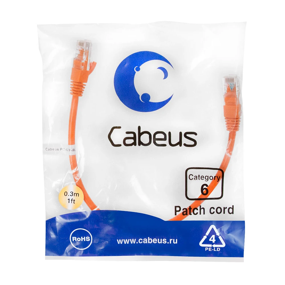 Патч-корд Cabeus PC-UTP-RJ45-Cat.6-0.3m-OR, 0.3м - фото 2