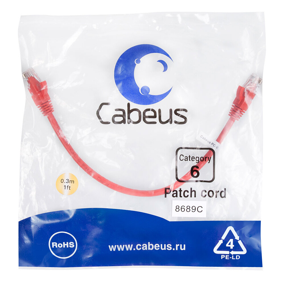 Патч-корд Cabeus PC-UTP-RJ45-Cat.6-0.3m-RD, 0.3м - фото 2