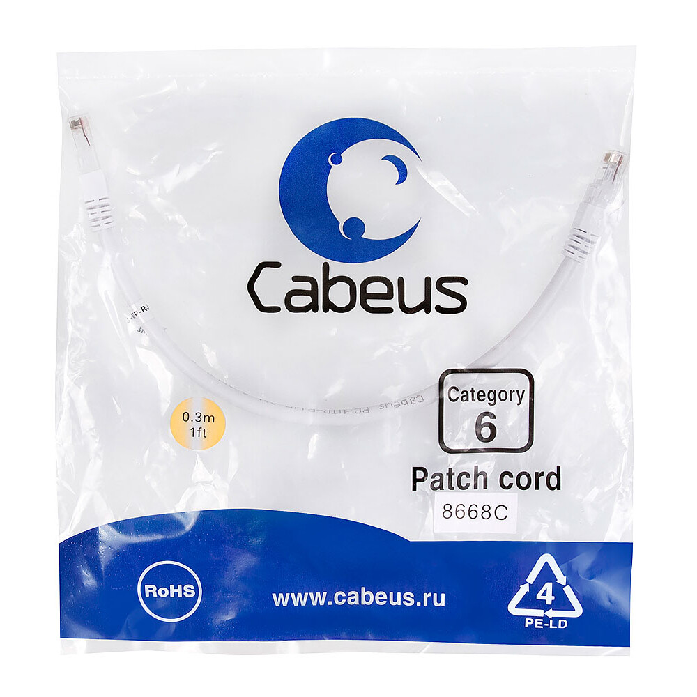 Патч-корд Cabeus PC-UTP-RJ45-Cat.6-0.3m-WH, 0.3м - фото 2