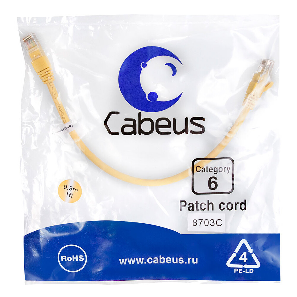Патч-корд Cabeus PC-UTP-RJ45-Cat.6-0.3m-YL, 0.3м - фото 2