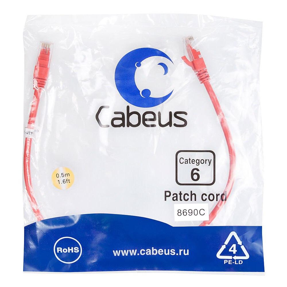 Патч-корд Cabeus PC-UTP-RJ45-Cat.6-0.5m-RD, 0.5м - фото 2