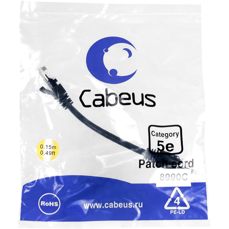 Патч-корд Cabeus PC-UTP-RJ45-Cat.5e-0.15m-BK-LSZH, 0.15м - фото 2
