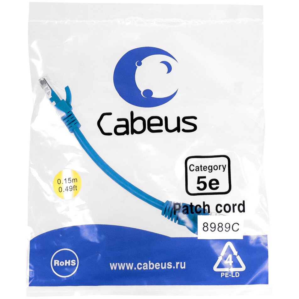 Патч-корд Cabeus PC-UTP-RJ45-Cat.5e-0.15m-BL, 0.15м - фото 2