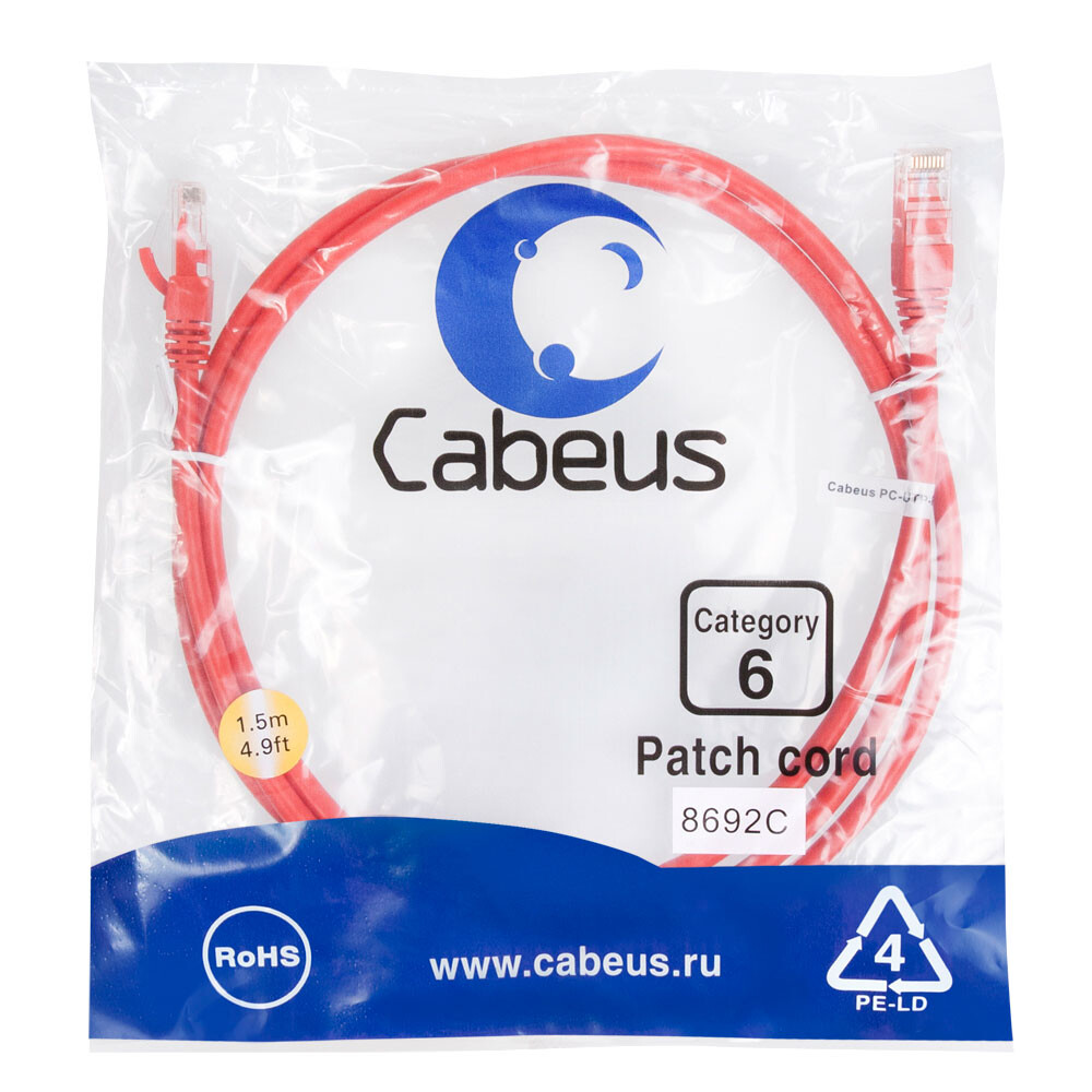 Патч-корд Cabeus PC-UTP-RJ45-Cat.6-1.5m-RD, 1.5м - фото 2