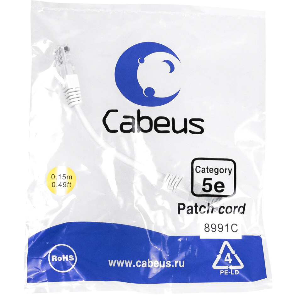 Патч-корд Cabeus PC-UTP-RJ45-Cat.5e-0.15m-WH, 0.15м - фото 2