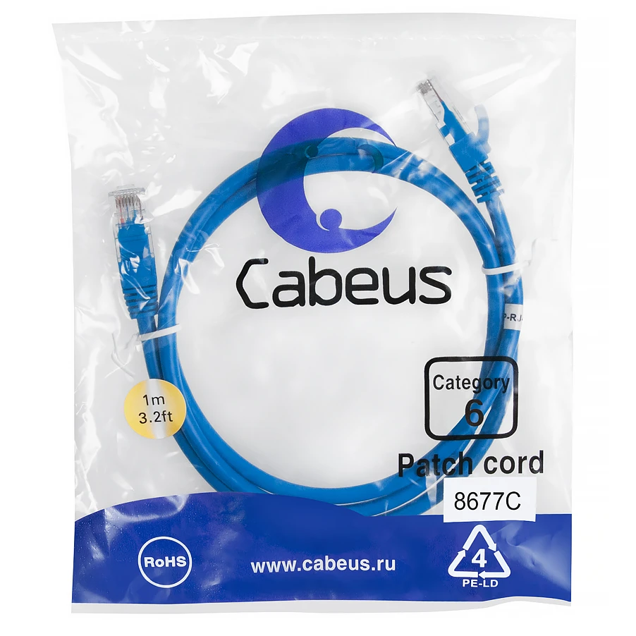 Патч-корд Cabeus PC-UTP-RJ45-Cat.6-1m-BL, 1м - фото 2