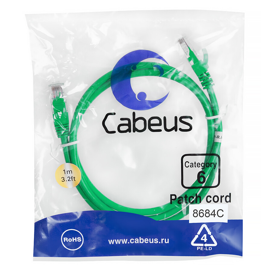 Патч-корд Cabeus PC-UTP-RJ45-Cat.6-1m-GN, 1м - фото 2