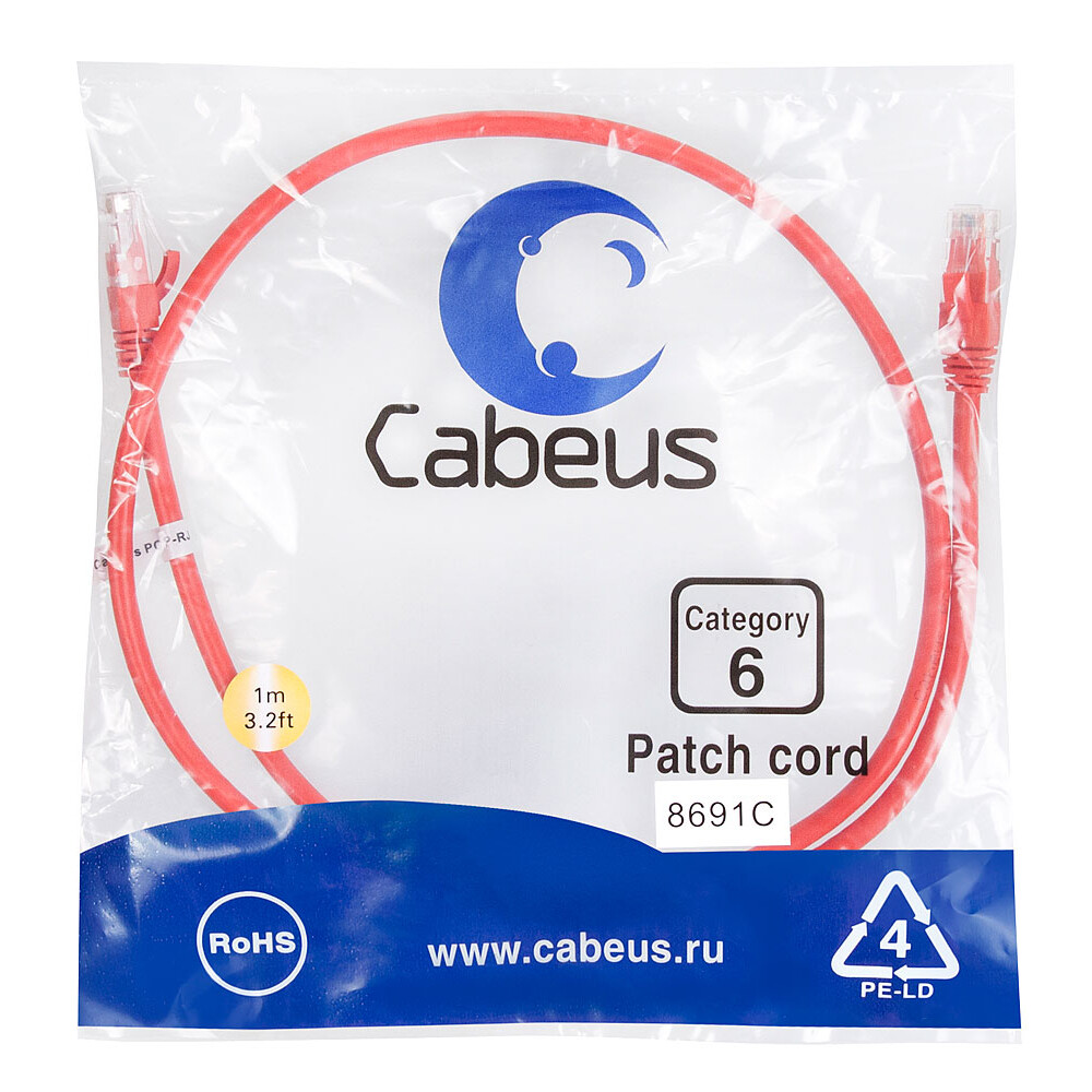 Патч-корд Cabeus PC-UTP-RJ45-Cat.6-1m-RD, 1м - фото 2