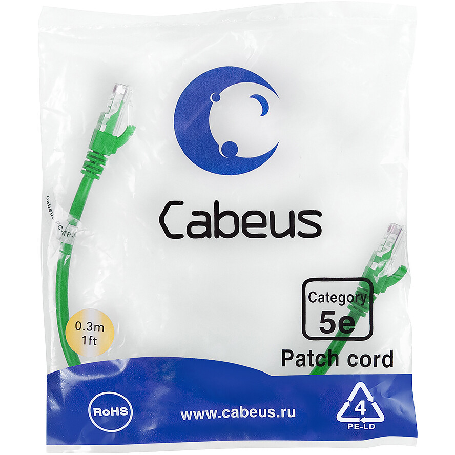 Патч-корд Cabeus PC-UTP-RJ45-Cat.5e-0.3m-GN-LSZH, 0.3м - фото 2