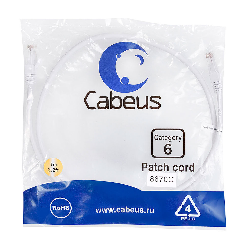 Патч-корд Cabeus PC-UTP-RJ45-Cat.6-1m-WH, 1м - фото 2