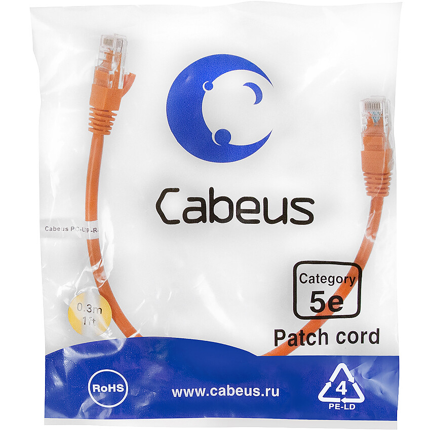 Патч-корд Cabeus PC-UTP-RJ45-Cat.5e-0.3m-OR, 0.3м - фото 2