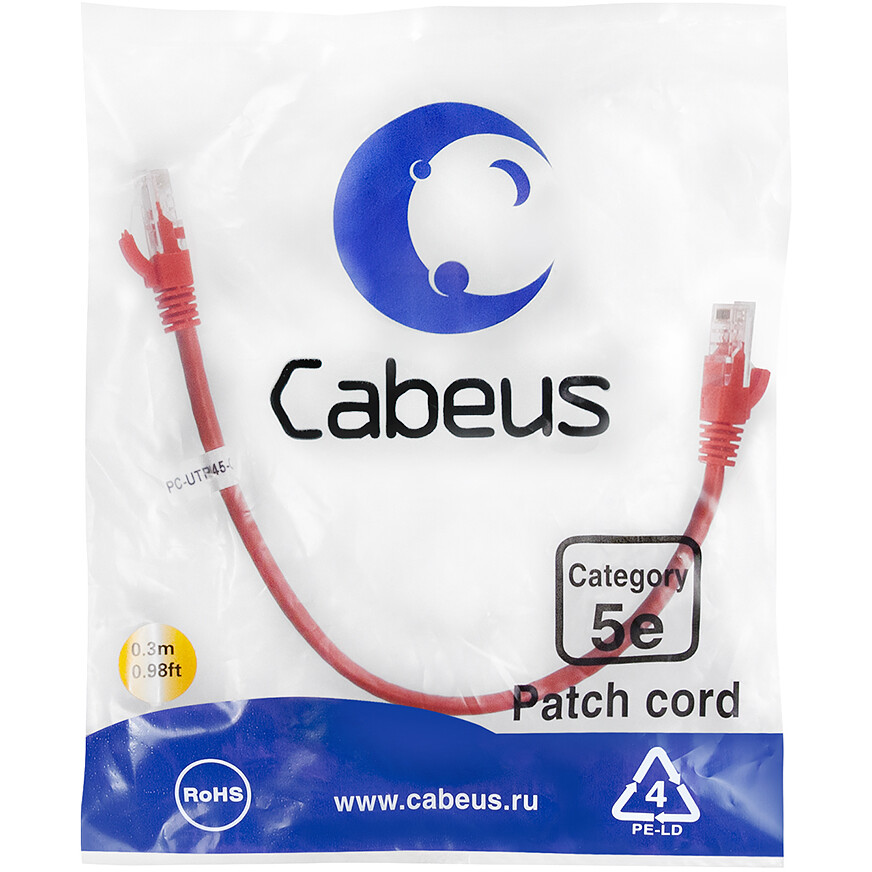 Патч-корд Cabeus PC-UTP-RJ45-Cat.5e-0.3m-RD, 0.3м - фото 2