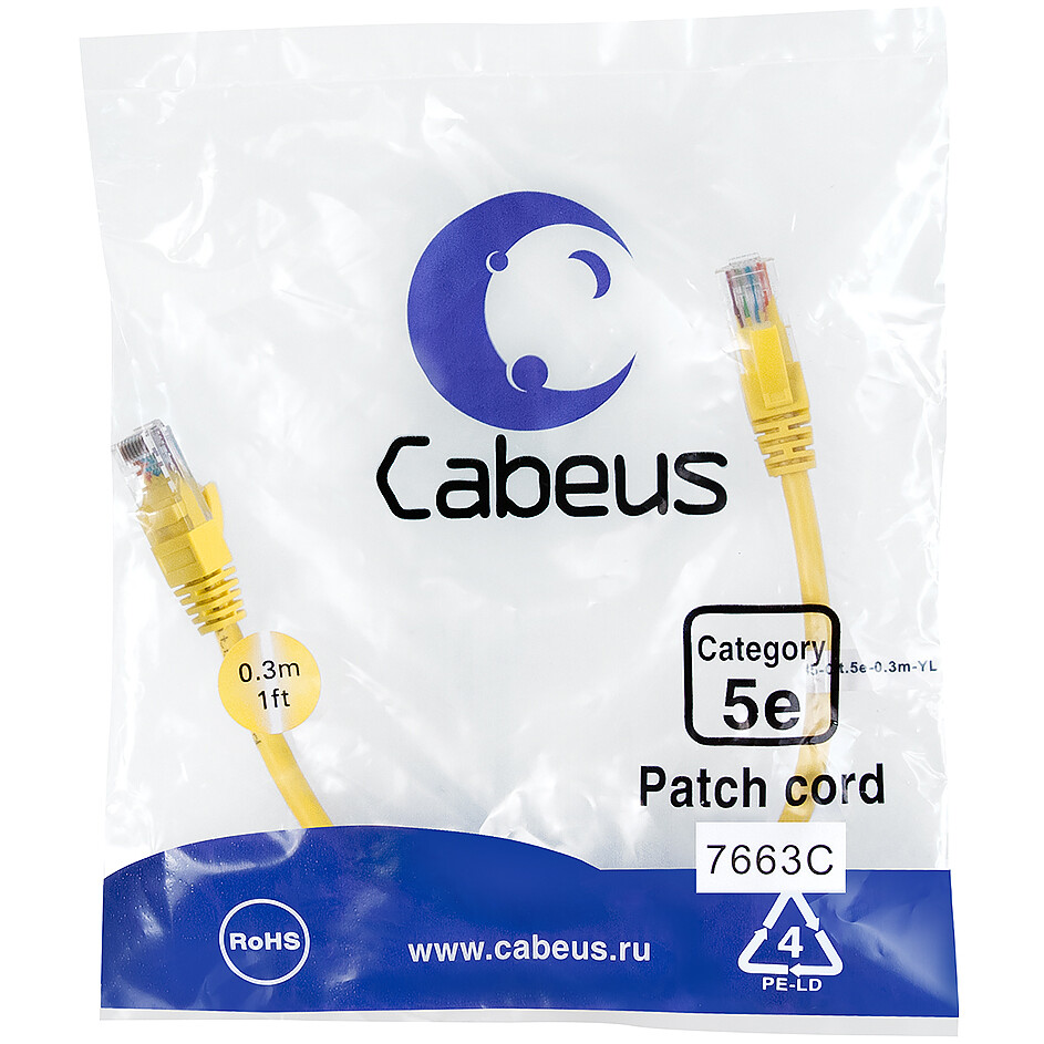 Патч-корд Cabeus PC-UTP-RJ45-Cat.5e-0.3m-YL, 0.3м - фото 2