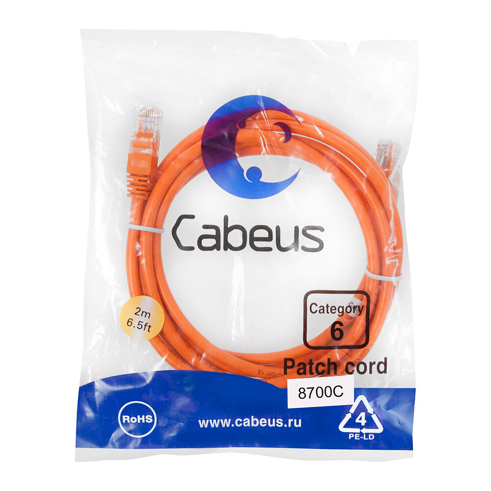 Патч-корд Cabeus PC-UTP-RJ45-Cat.6-2m-OR, 2м - фото 2