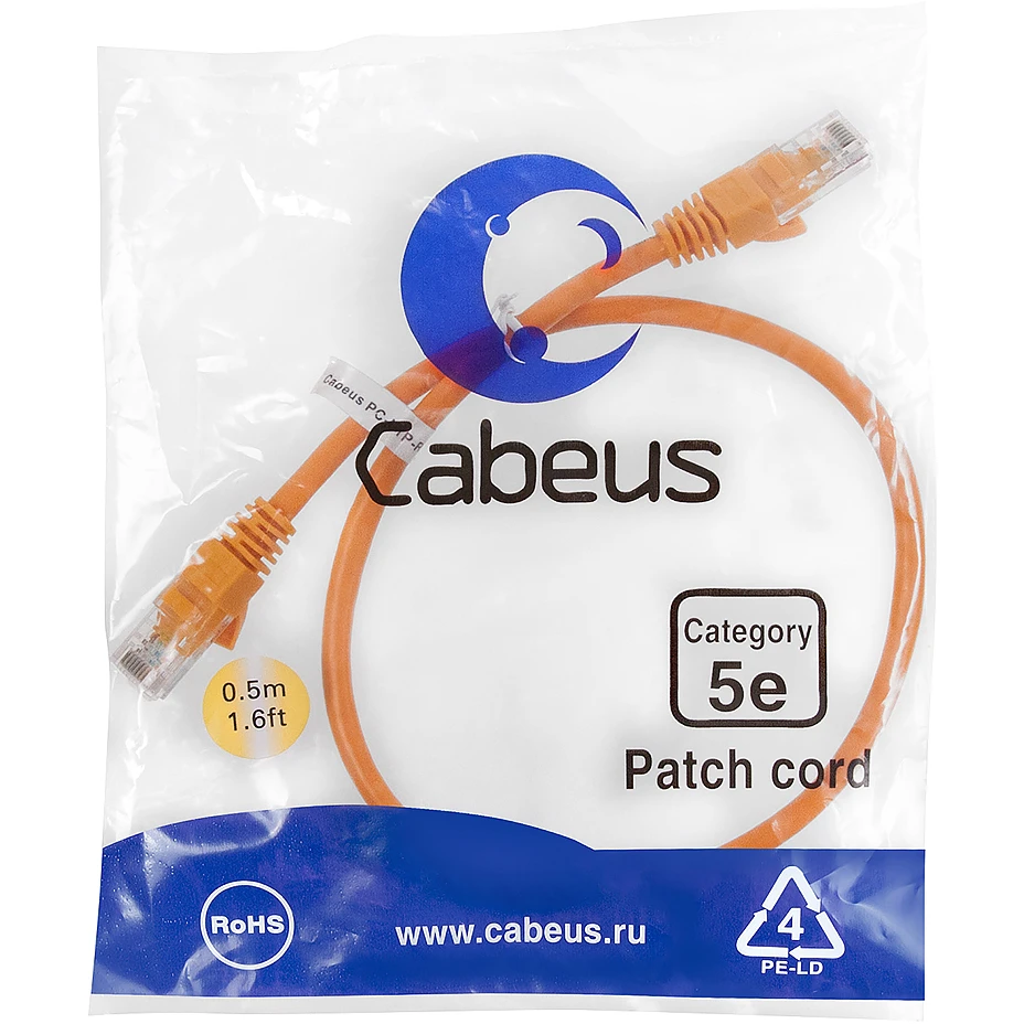 Патч-корд Cabeus PC-UTP-RJ45-Cat.5e-0.5m-OR, 0.5м - фото 2