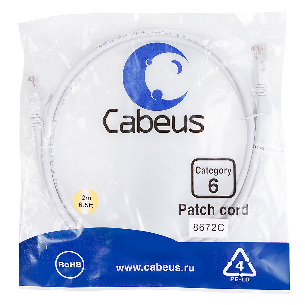 Патч-корд Cabeus PC-UTP-RJ45-Cat.6-2m-WH, 2м - фото 2