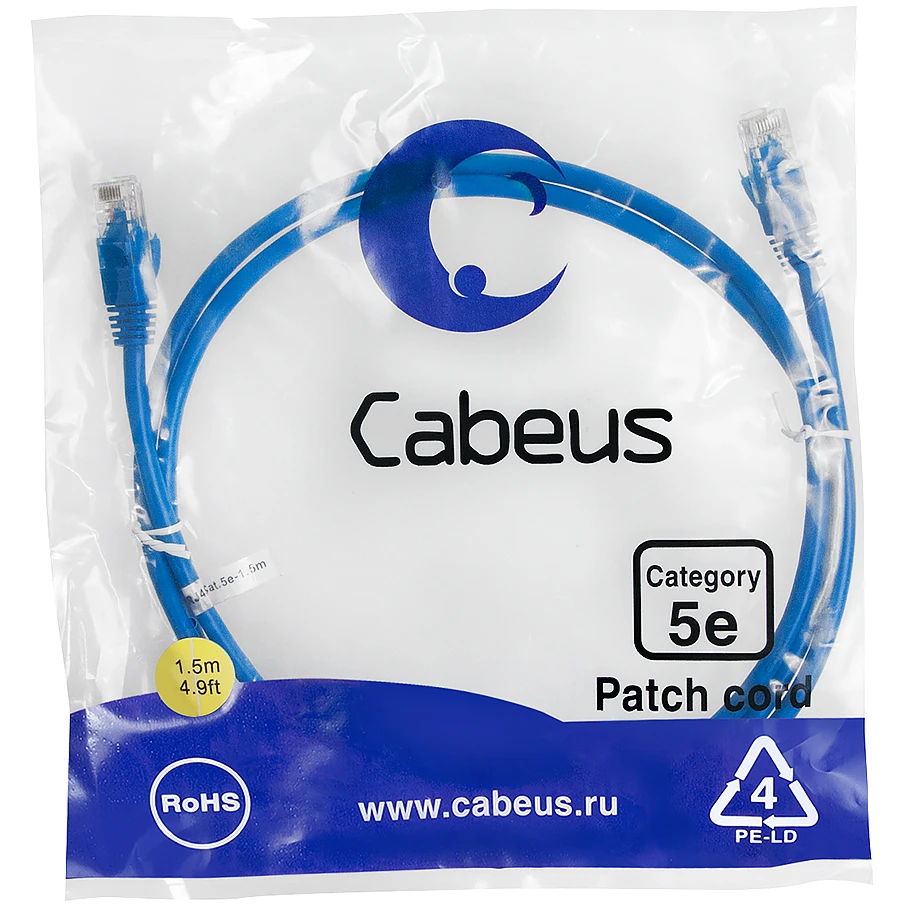 Патч-корд Cabeus PC-UTP-RJ45-Cat.5e-1.5m-BL, 1.5м - фото 2