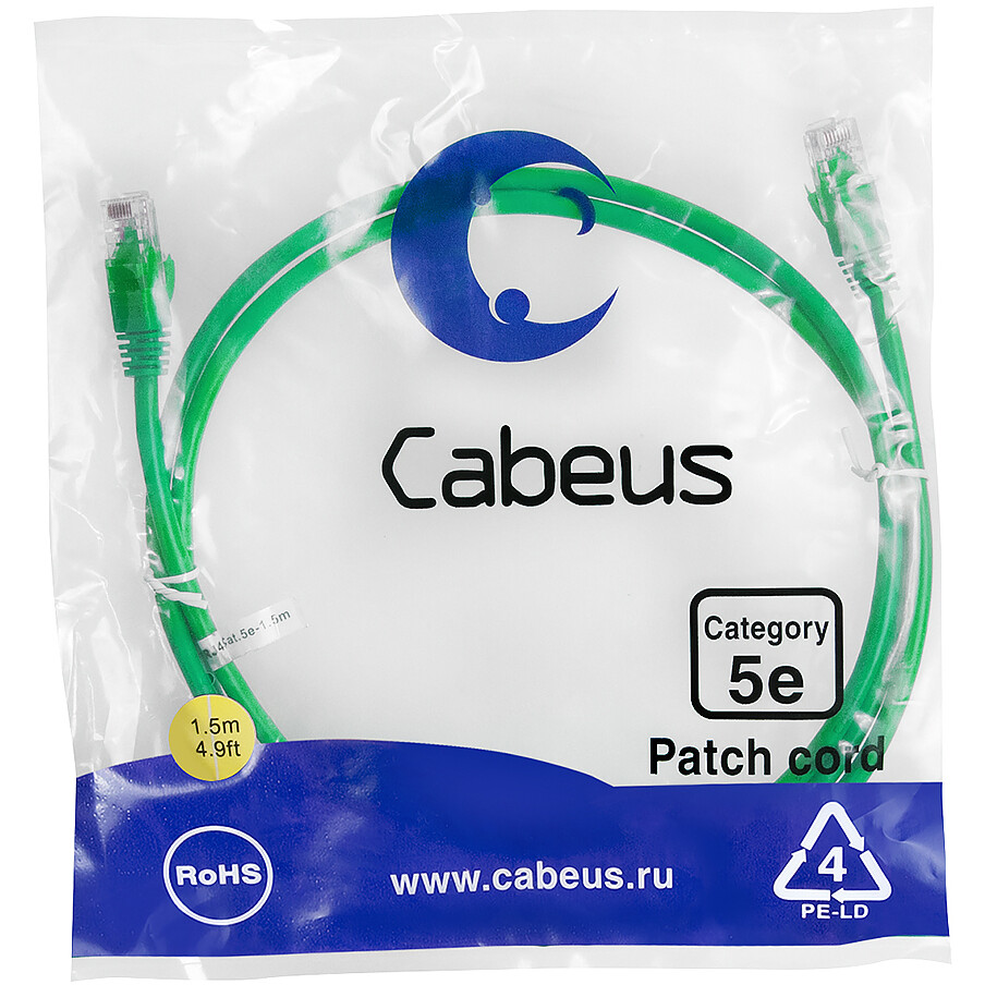 Патч-корд Cabeus PC-UTP-RJ45-Cat.5e-1.5m-GN-LSZH, 1.5м - фото 2