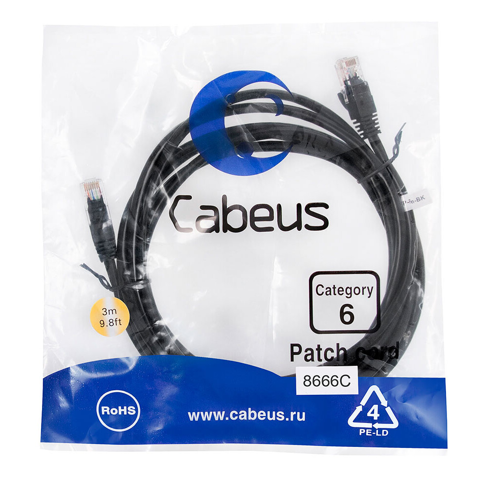 Патч-корд Cabeus PC-UTP-RJ45-Cat.6-3m-BK, 3м - фото 2