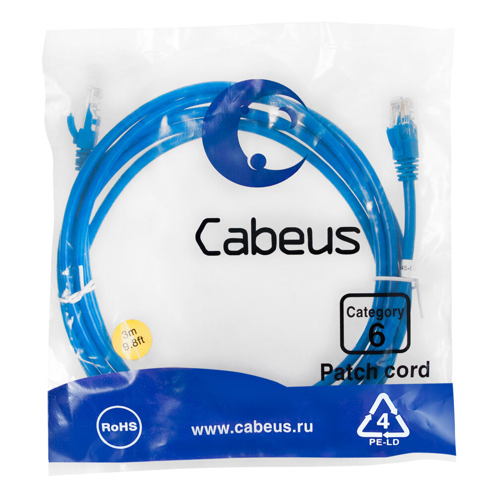 Патч-корд Cabeus PC-UTP-RJ45-Cat.6-3m-BL, 3м - фото 2