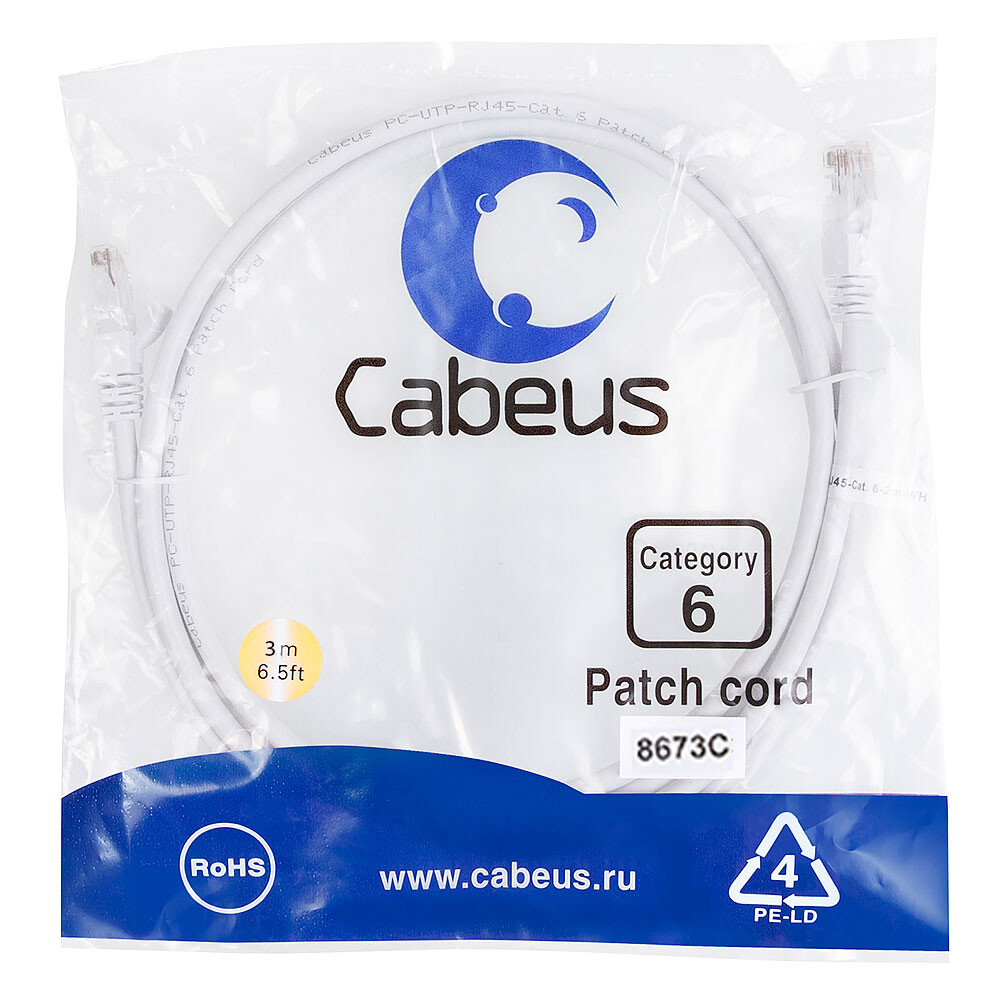 Патч-корд Cabeus PC-UTP-RJ45-Cat.6-3m-WH, 3м - фото 2