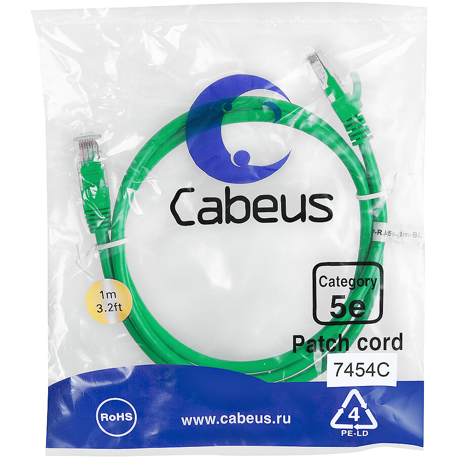 Патч-корд Cabeus PC-UTP-RJ45-Cat.5e-1m-GN-LSZH, 1м - фото 2